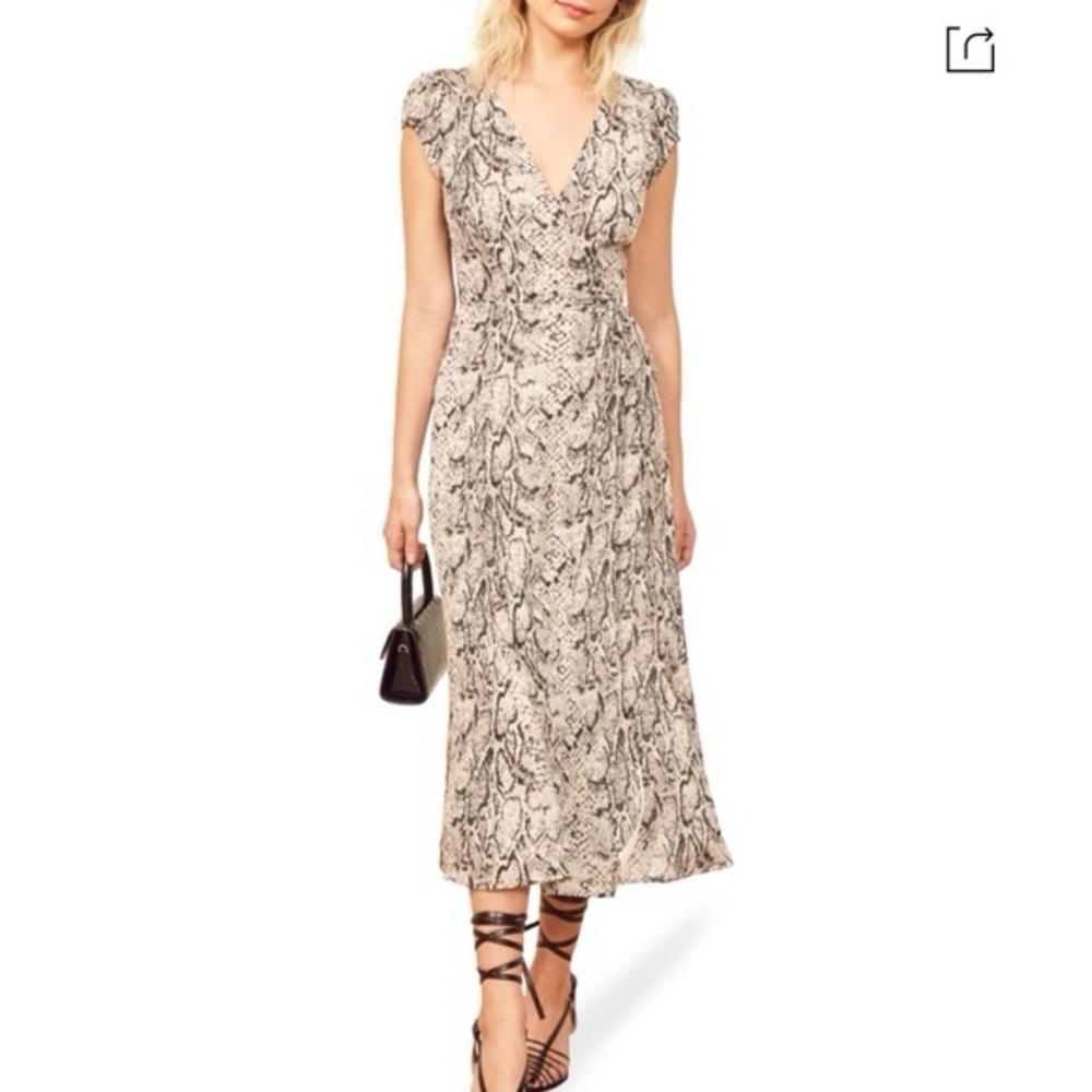 REFORMATION Black White Midi Dress Carin Rattlesnake Snakeskin Animal Print M - Picture 2 of 11